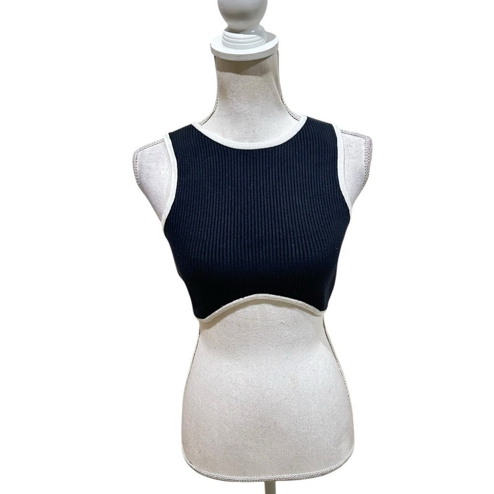 Olivaceous Black Ribbed Crop sleeveless knit cashmere blend Top white trim small